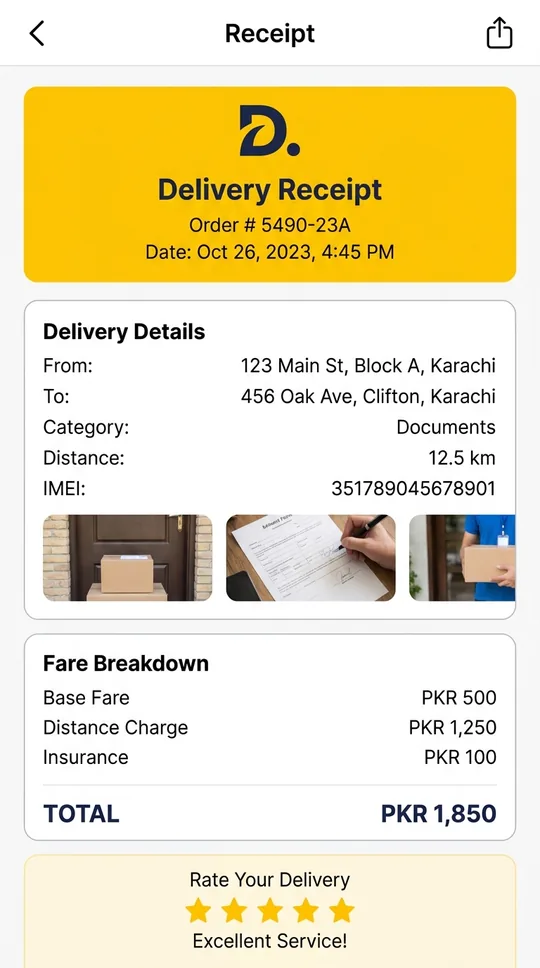 D. Delivery delivery receipt showing IMEI, distance and full fare breakdown
