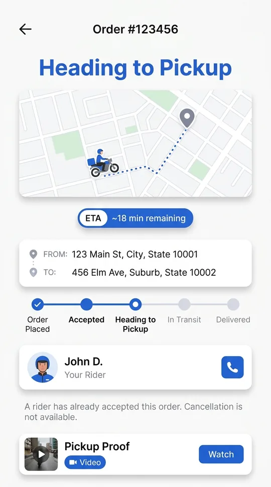 D. Delivery live order tracking screen showing rider position, ETA and pickup proof video