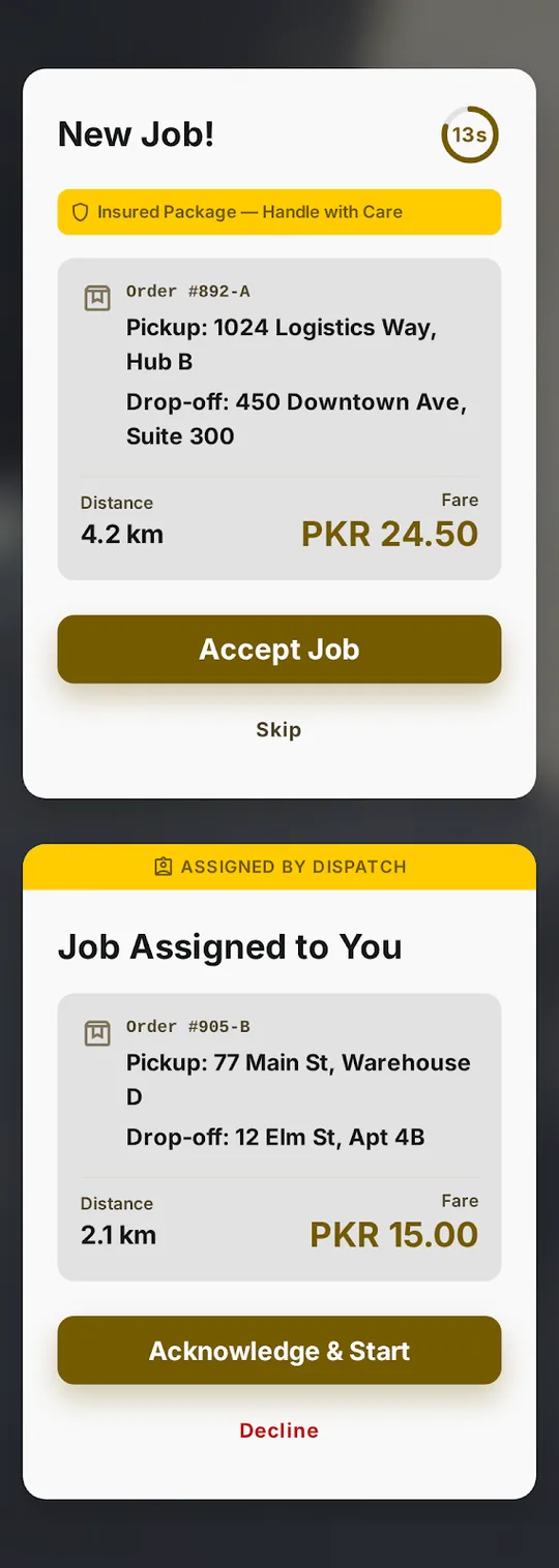 D. Delivery rider job broadcast alert and admin-assigned job acknowledgement