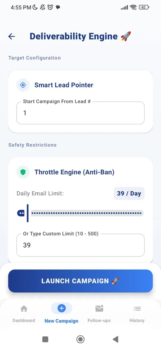 GMassPulse deliverability engine settings for send rate control