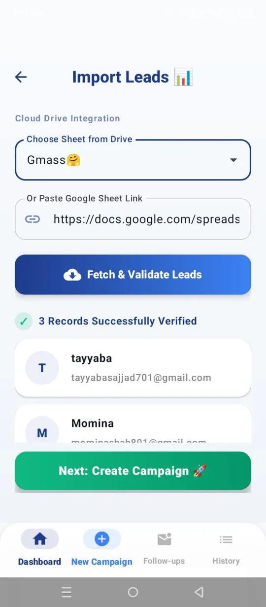 GMassPulse lead import screen pulling lists from Google Drive