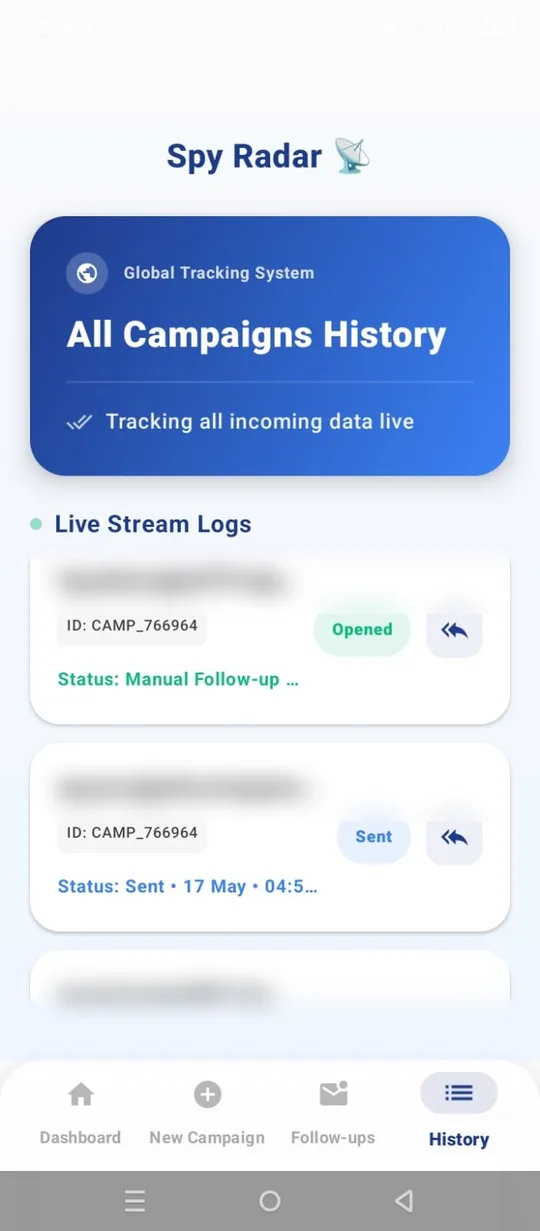 GMassPulse live tracking feed showing campaign opens and sends, recipient addresses blurred