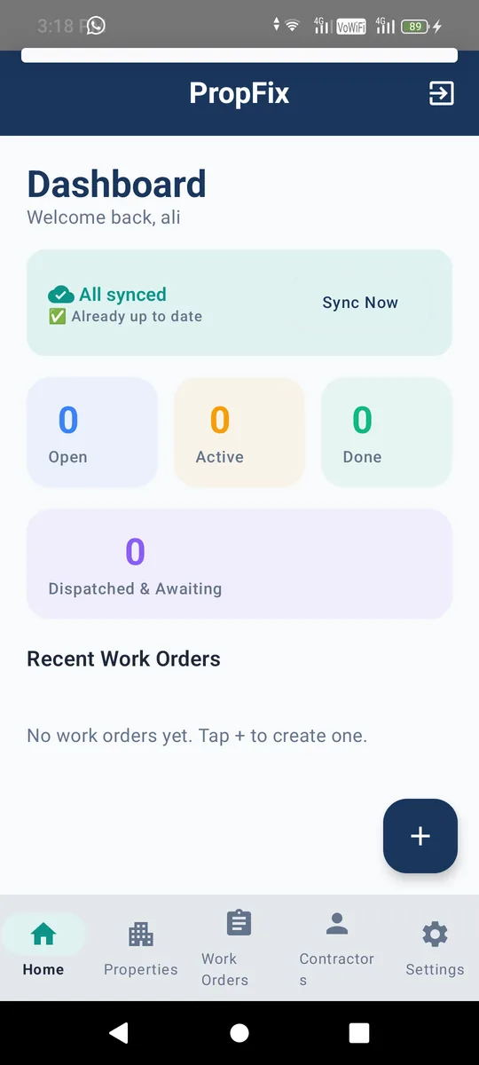 ProFix admin dashboard showing work order counts and sync status