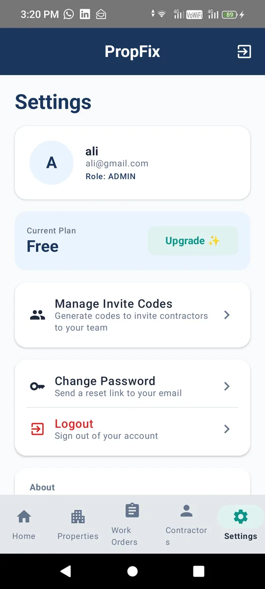 ProFix settings screen with invite codes and account management