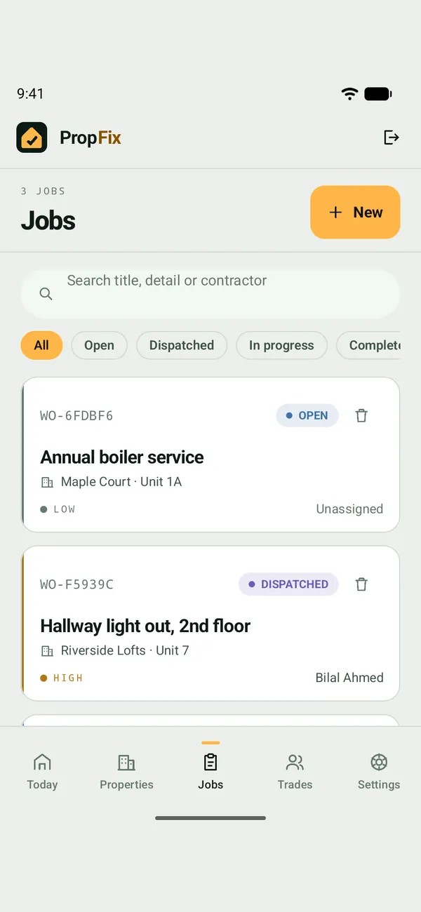 PropFix jobs list filtered by status