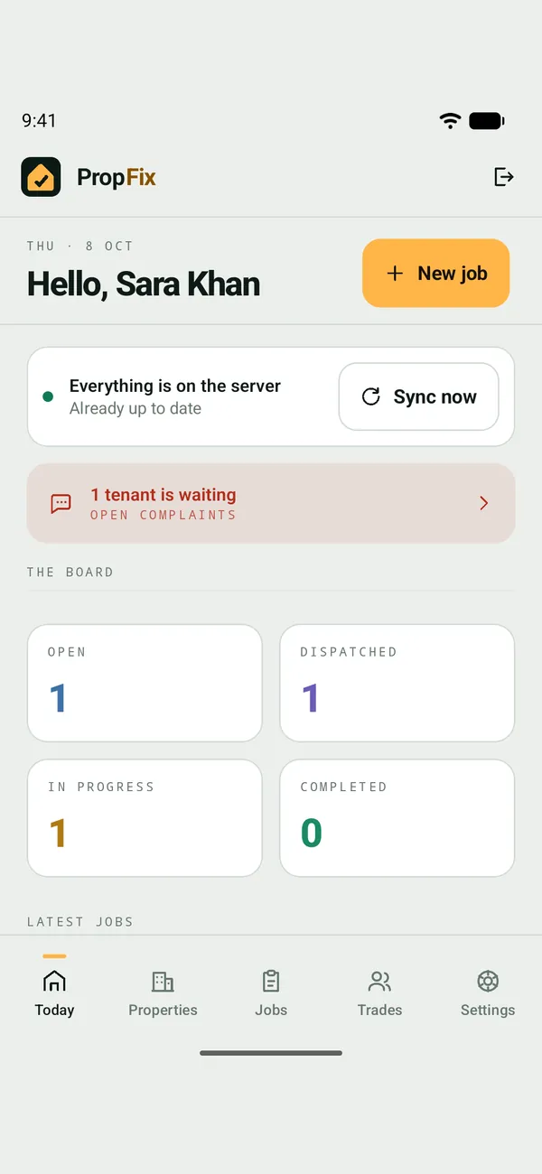 PropFix manager home with the job board counts