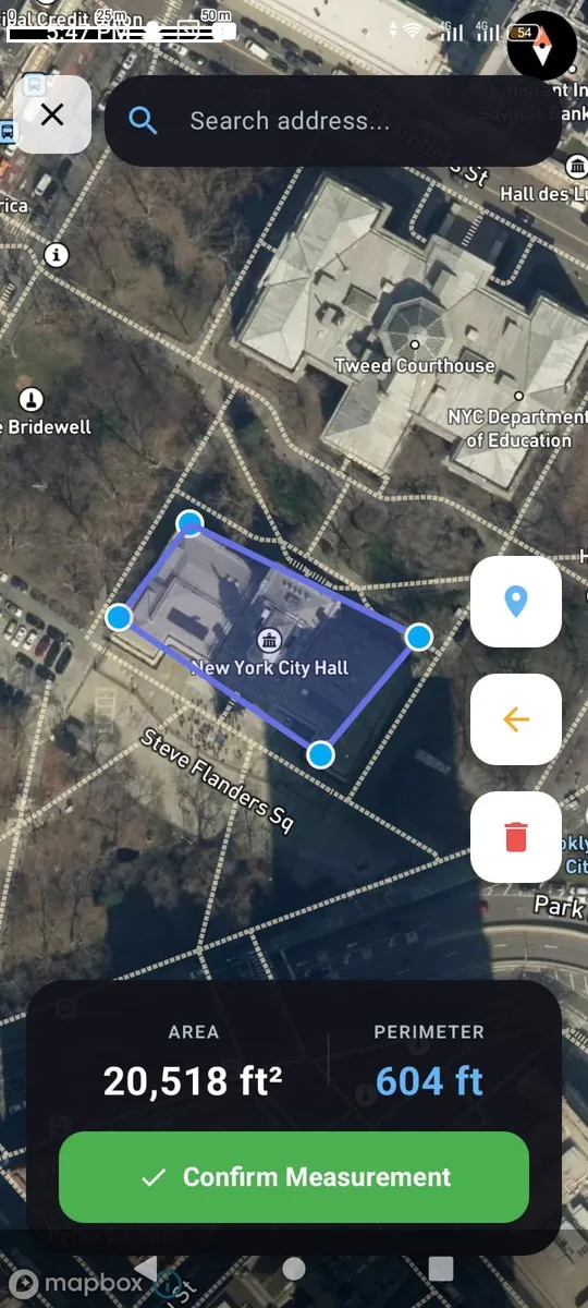 SnowGrid area measurement tool drawing a polygon over a property on a satellite map