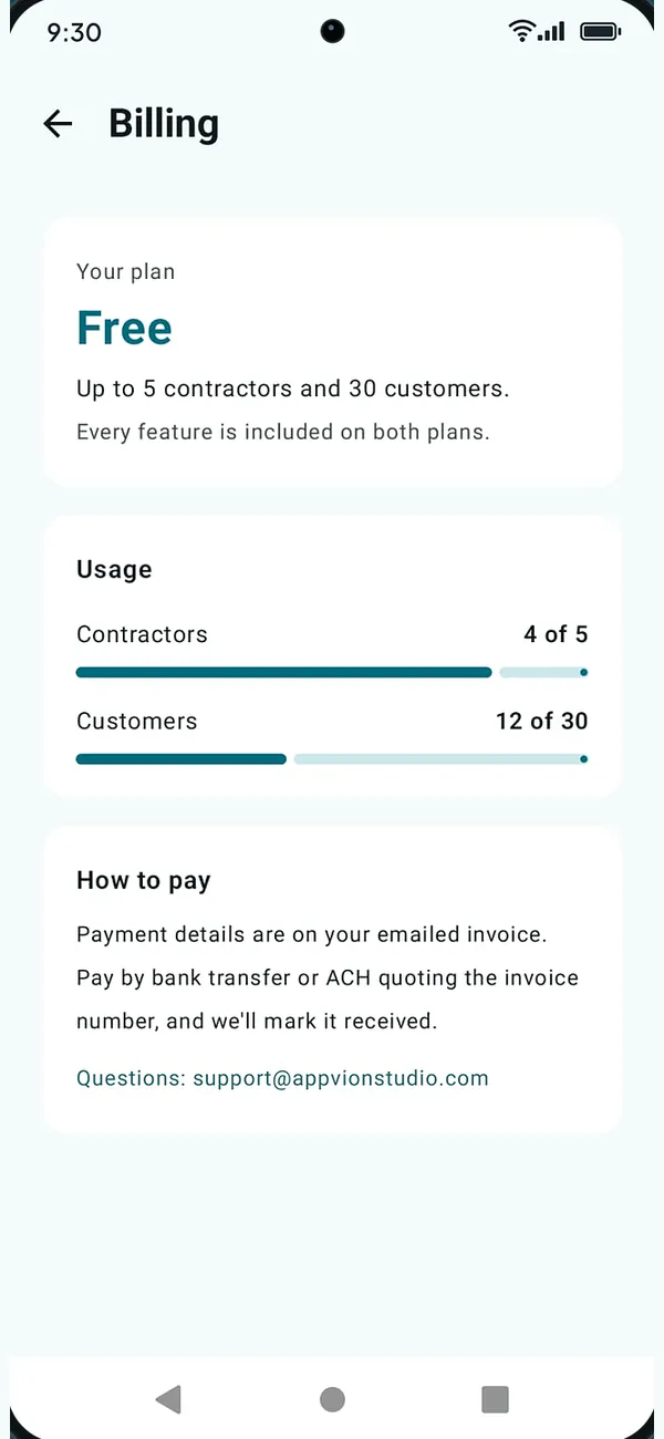 SnowGrid billing screen showing the free plan and its usage limits