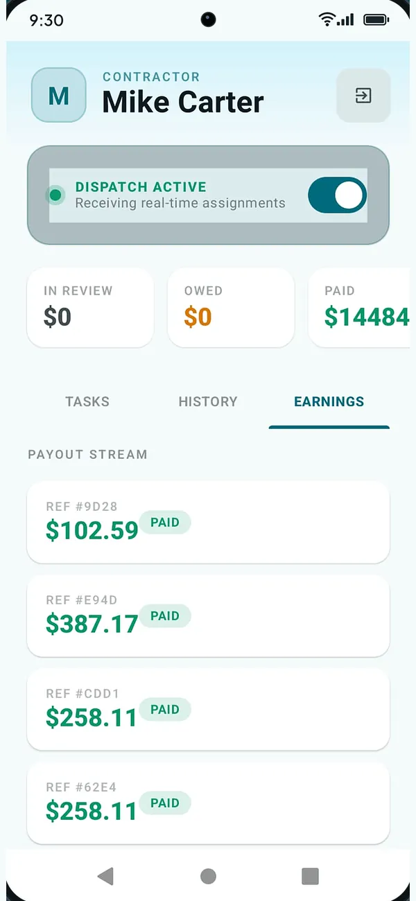 SnowGrid contractor screen with jobs in review, amounts owed and the payout stream