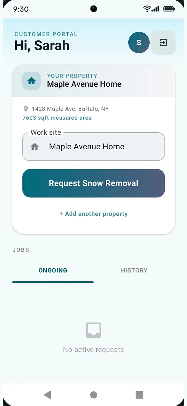 SnowGrid customer portal requesting snow removal for a saved property