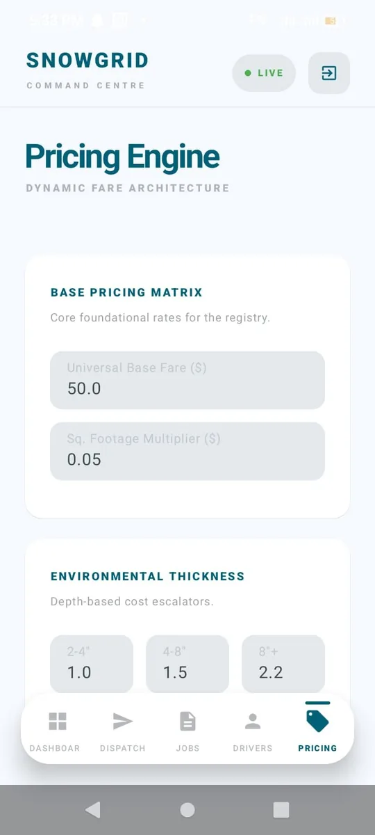 SnowGrid pricing engine configuration screen