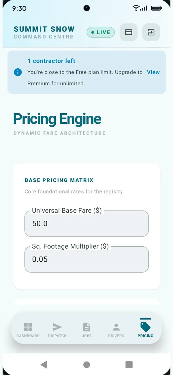 SnowGrid pricing engine with the company's base fare and square-foot rate