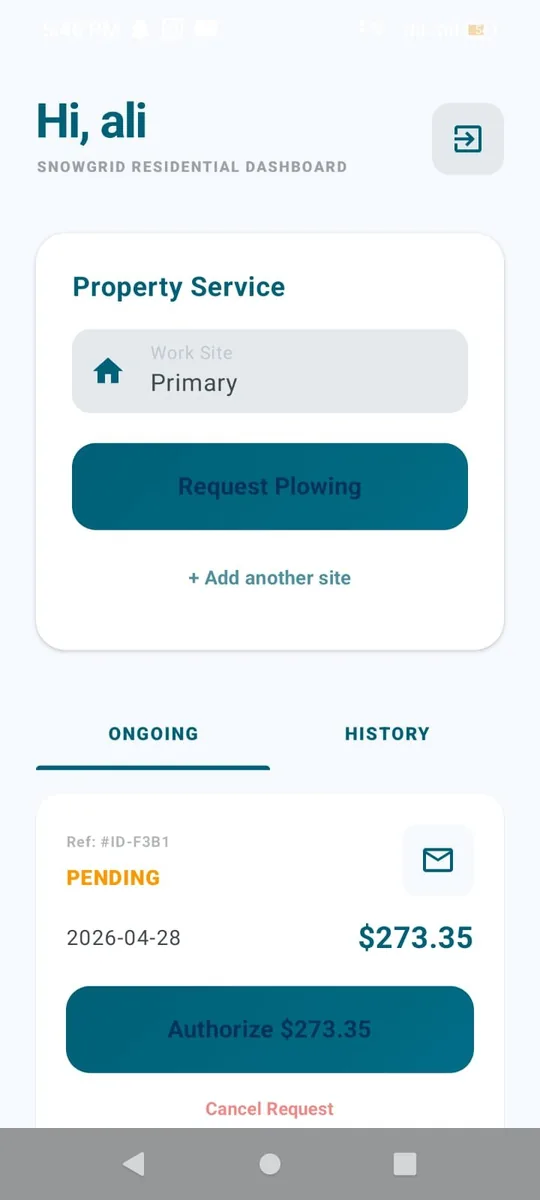 SnowGrid customer dashboard for residential property service