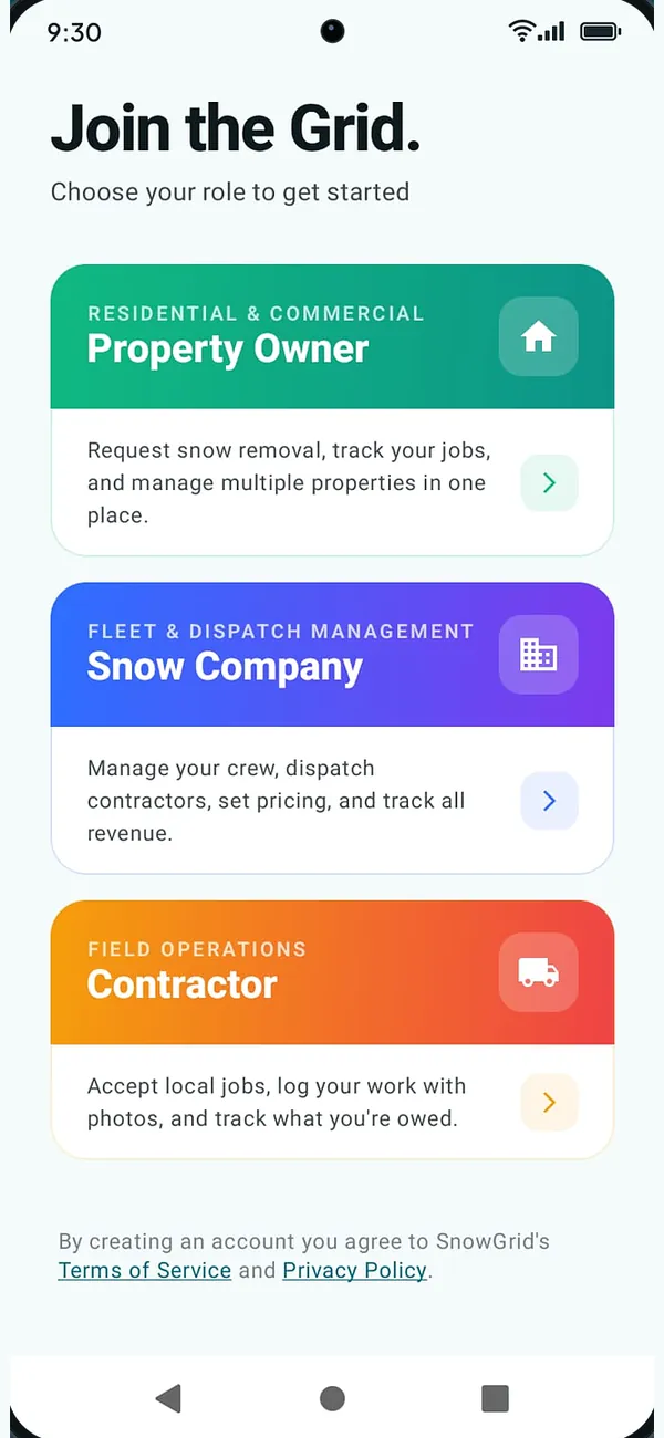 SnowGrid sign-up choosing property owner, snow company or contractor