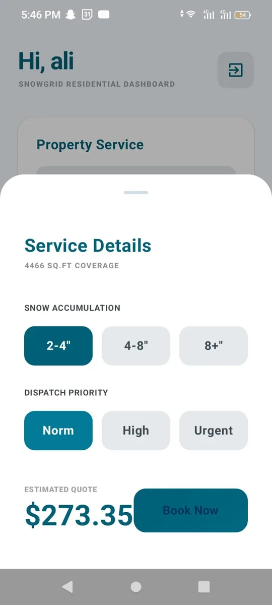 SnowGrid service booking details with snow depth and priority selection