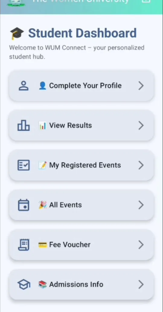 WUM Connect student dashboard app screen
