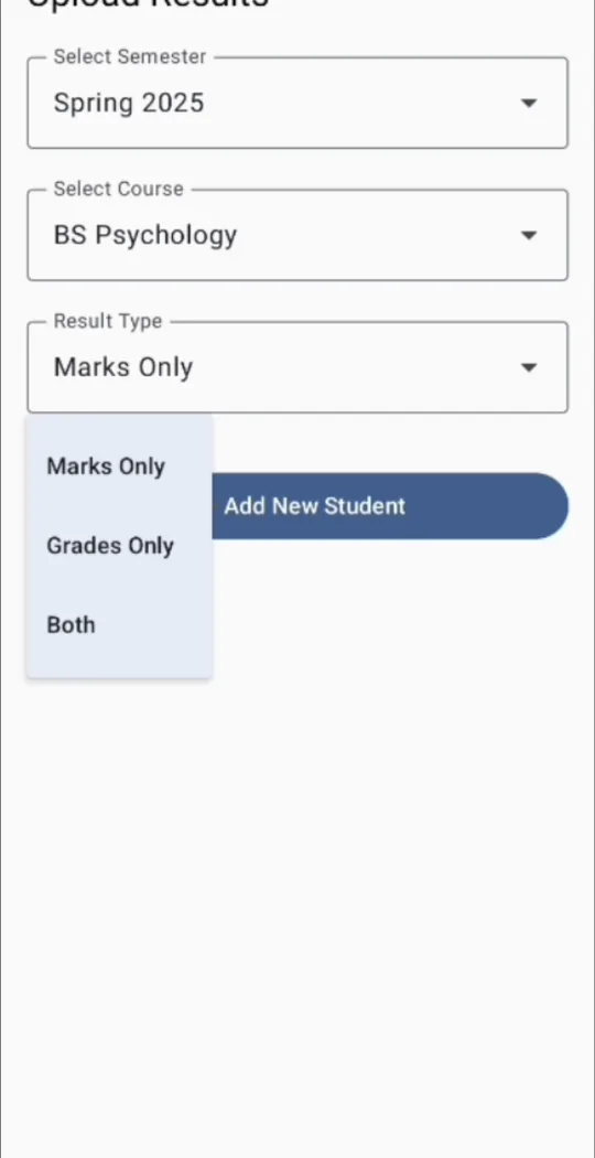 WUM Connect upload results with semester, course and result type selection
